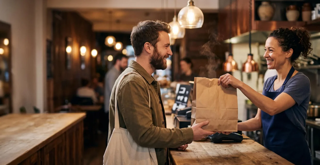 Un membre du personnel de restaurant remet un sac de commande a emporter a un client souriant au comptoir de retrait