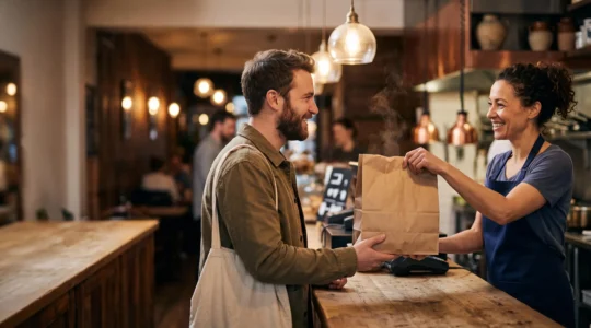 Un membre du personnel de restaurant remet un sac de commande a emporter a un client souriant au comptoir de retrait