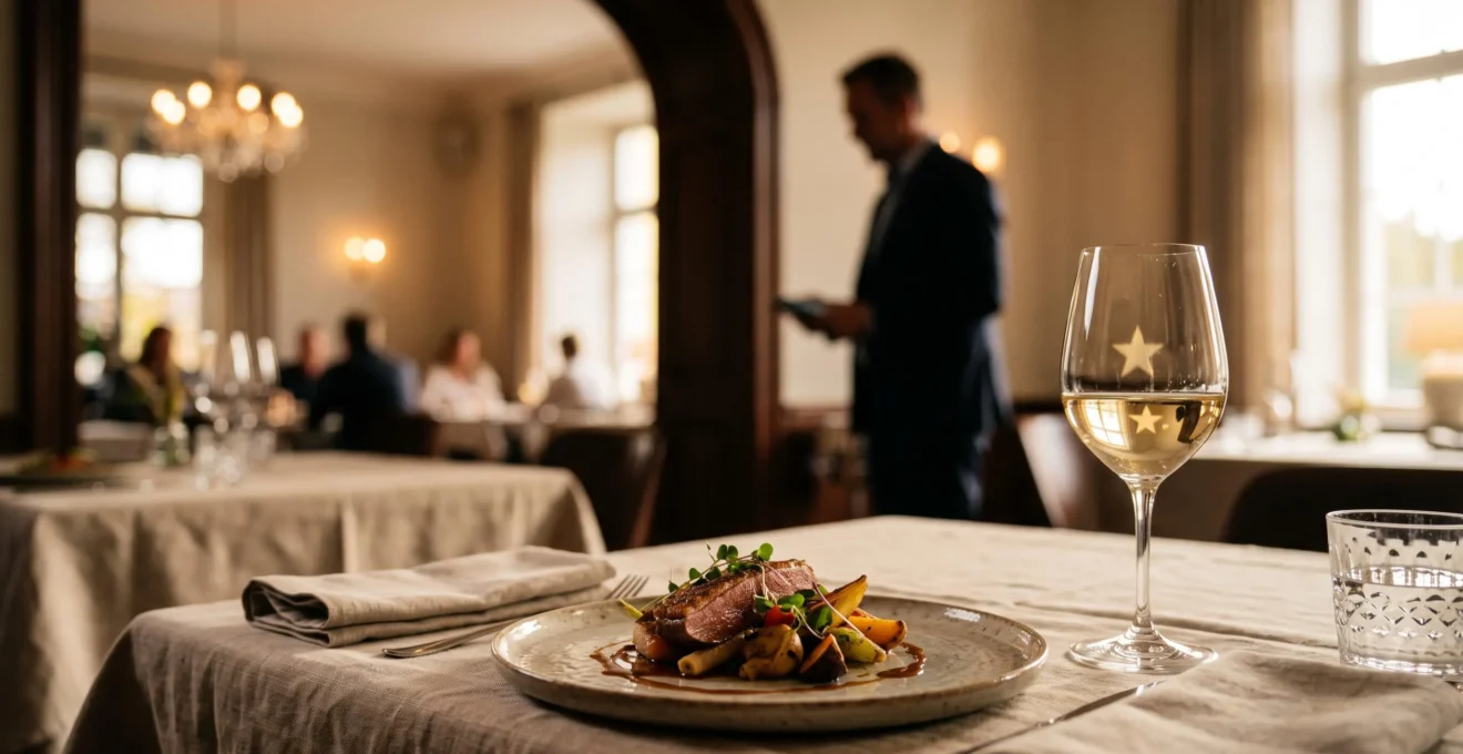 Salle de restaurant élégante au coucher du soleil avec un reflet lumineux en forme d'étoile symbolisant l'excellence et la réputation en ligne