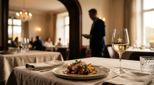 Salle de restaurant élégante au coucher du soleil avec un reflet lumineux en forme d'étoile symbolisant l'excellence et la réputation en ligne