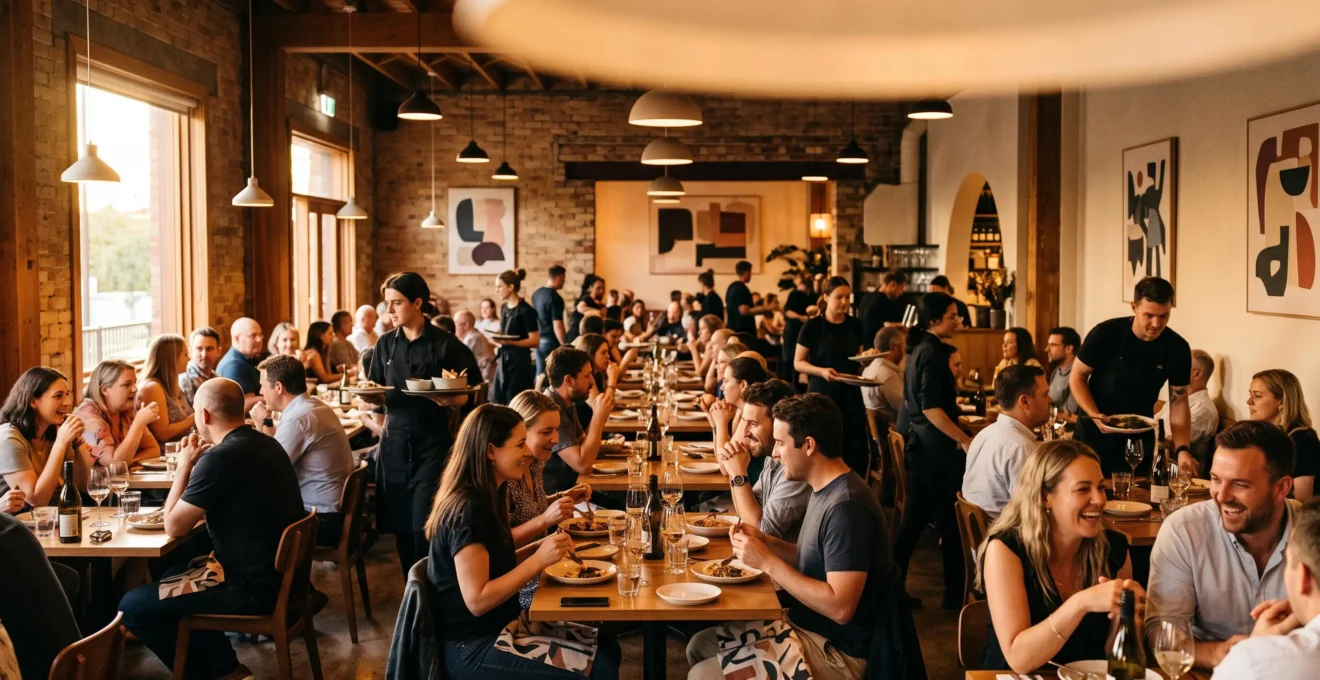 Salle de restaurant élégante et pleine, ambiance chaleureuse symbolisant une réputation de référence bien établie