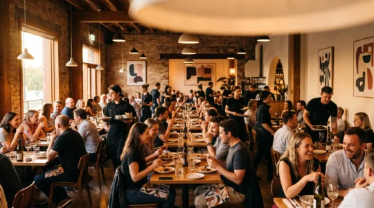 Salle de restaurant élégante et pleine, ambiance chaleureuse symbolisant une réputation de référence bien établie
