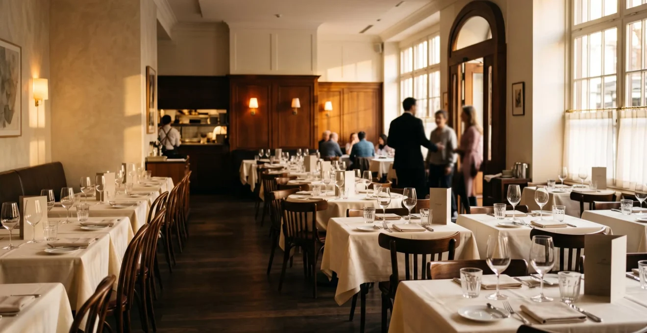 Salle de restaurant élégante et animée illustrant la gestion fluide et automatisée des réservations