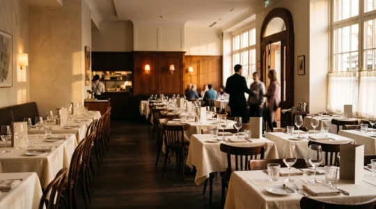 Salle de restaurant élégante et animée illustrant la gestion fluide et automatisée des réservations