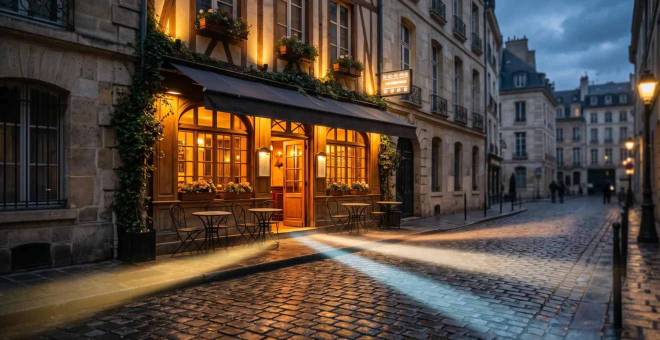 Facade chaleureuse d'un restaurant le soir, avec quatre faisceaux de lumiere symbolisant quatre canaux digitaux de decouverte