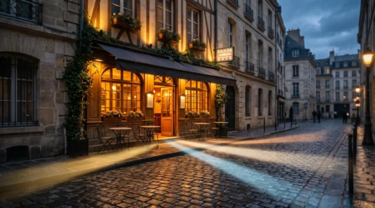 Facade chaleureuse d'un restaurant le soir, avec quatre faisceaux de lumiere symbolisant quatre canaux digitaux de decouverte