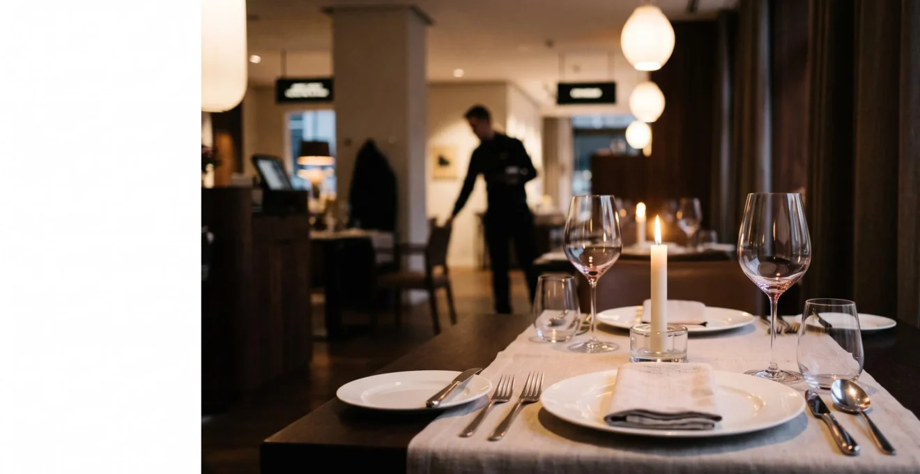 Table dressée dans un restaurant gastronomique avec une mise en lumière feutrée évoquant une expérience culinaire haut de gamme
