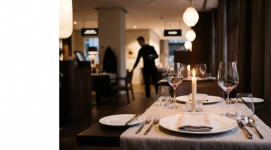 Table dressée dans un restaurant gastronomique avec une mise en lumière feutrée évoquant une expérience culinaire haut de gamme