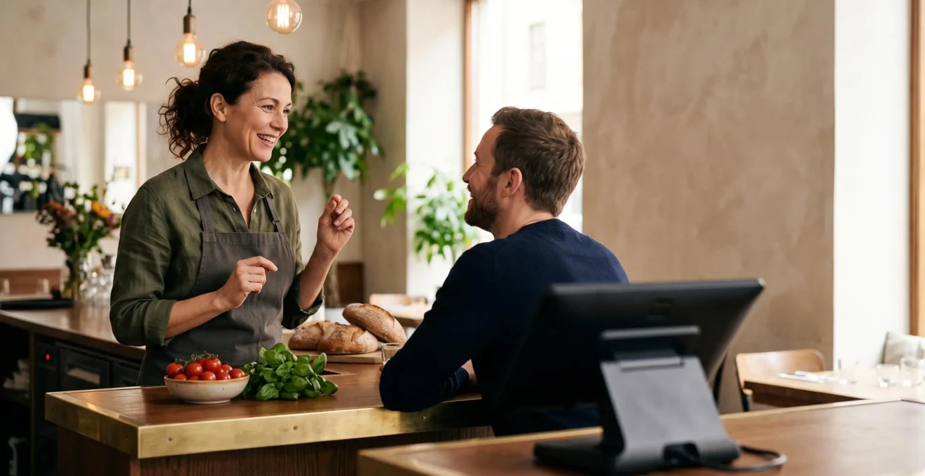 Restaurateur souriant échangeant avec des clients en salle pendant que la caisse moderne encaisse en arrière-plan, symbolisant le temps administratif libéré