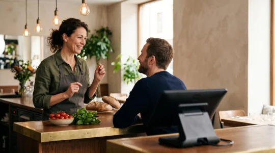 Restaurateur souriant échangeant avec des clients en salle pendant que la caisse moderne encaisse en arrière-plan, symbolisant le temps administratif libéré