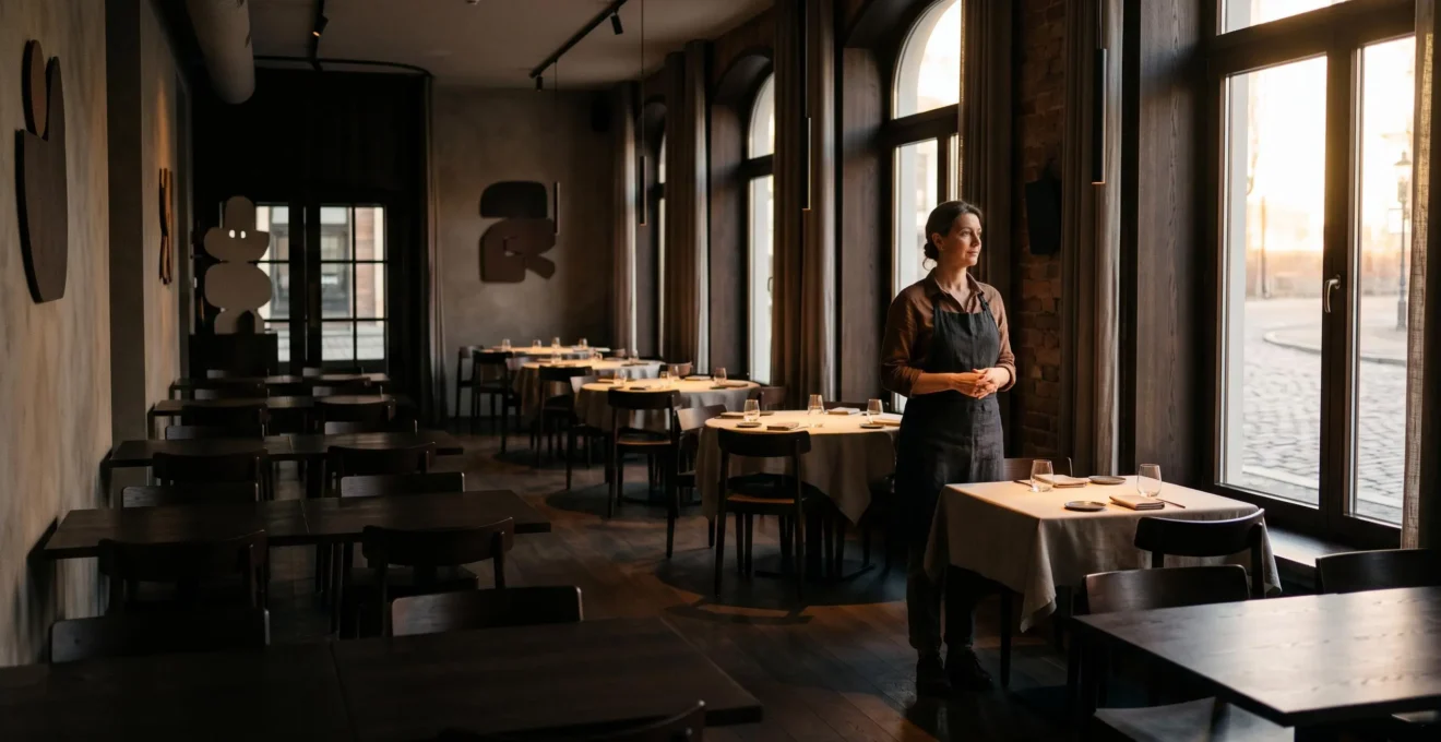 Un restaurateur observe pensivement sa salle vide à l'aube, symbolisant la transformation des données en décisions stratégiques