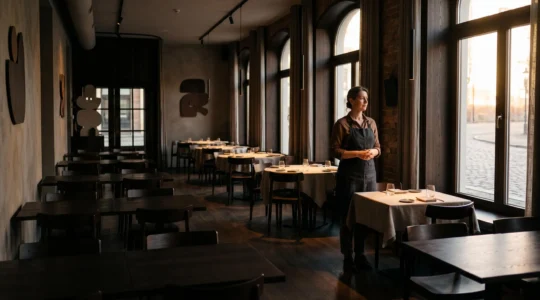 Un restaurateur observe pensivement sa salle vide à l'aube, symbolisant la transformation des données en décisions stratégiques