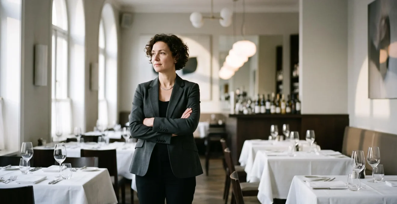 Restaurateur observant attentivement son établissement avant le service, symbole du pilotage quotidien par les indicateurs clés