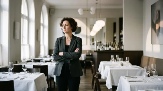 Restaurateur observant attentivement son établissement avant le service, symbole du pilotage quotidien par les indicateurs clés