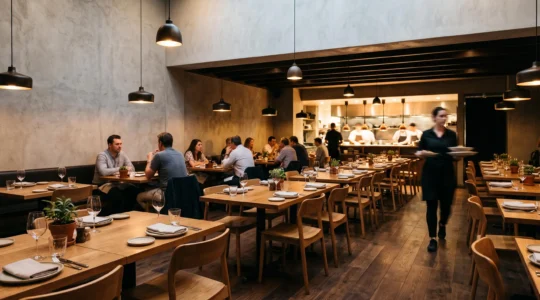 Salle de restaurant élégante et harmonieusement agencée illustrant l'optimisation de l'espace pour augmenter le chiffre d'affaires sans agrandir