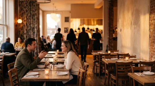 Salle de restaurant chaleureuse et animée symbolisant l'arrivée de nouveaux clients et la croissance de l'établissement