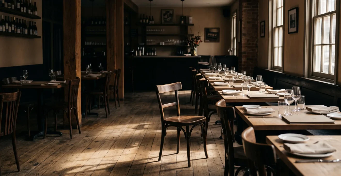 Salle de restaurant vide au petit matin, lumière rasant les tables dressées, symbolisant le cap critique des trois premières années d'exploitation