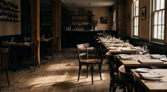 Salle de restaurant vide au petit matin, lumière rasant les tables dressées, symbolisant le cap critique des trois premières années d'exploitation