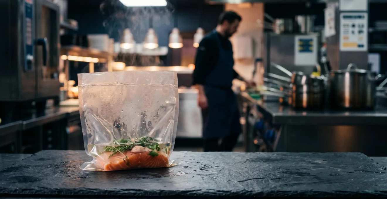 Sachet de cuisson sous-vide translucide laissant apparaître la vapeur et la lumière, symbole des techniques de cuisson modernes en restaurant