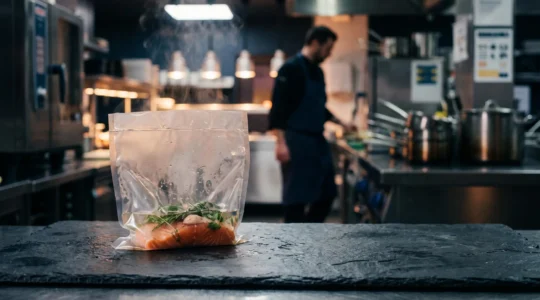 Sachet de cuisson sous-vide translucide laissant apparaître la vapeur et la lumière, symbole des techniques de cuisson modernes en restaurant