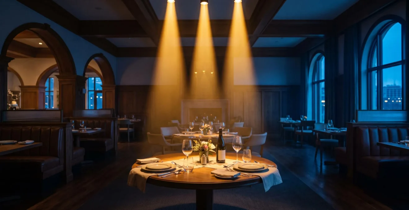 Salle de restaurant élégante éclairée par trois faisceaux de lumière convergents symbolisant les trois canaux de communication ciblant la clientèle