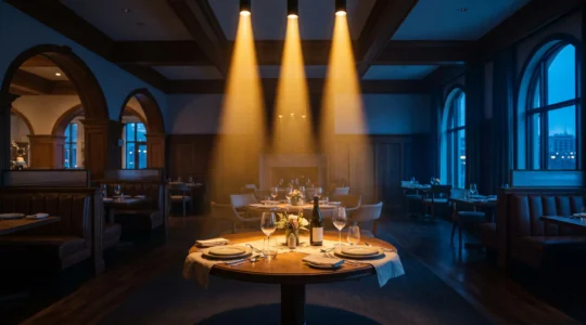 Salle de restaurant élégante éclairée par trois faisceaux de lumière convergents symbolisant les trois canaux de communication ciblant la clientèle