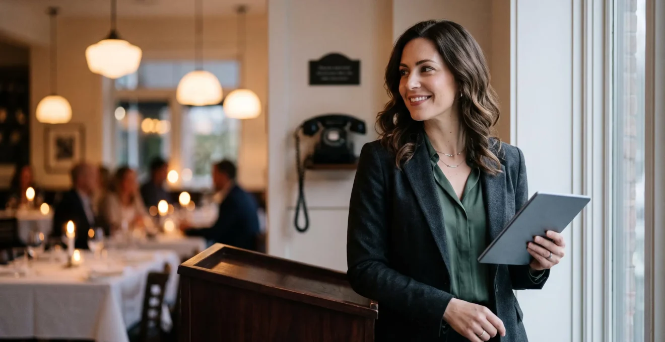 Hote de restaurant consultant une tablette de reservation en salle, telephone fixe silencieux en arriere-plan