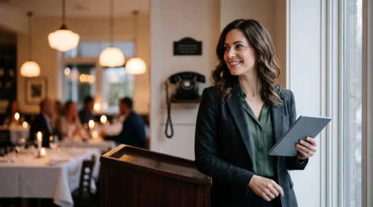 Hote de restaurant consultant une tablette de reservation en salle, telephone fixe silencieux en arriere-plan